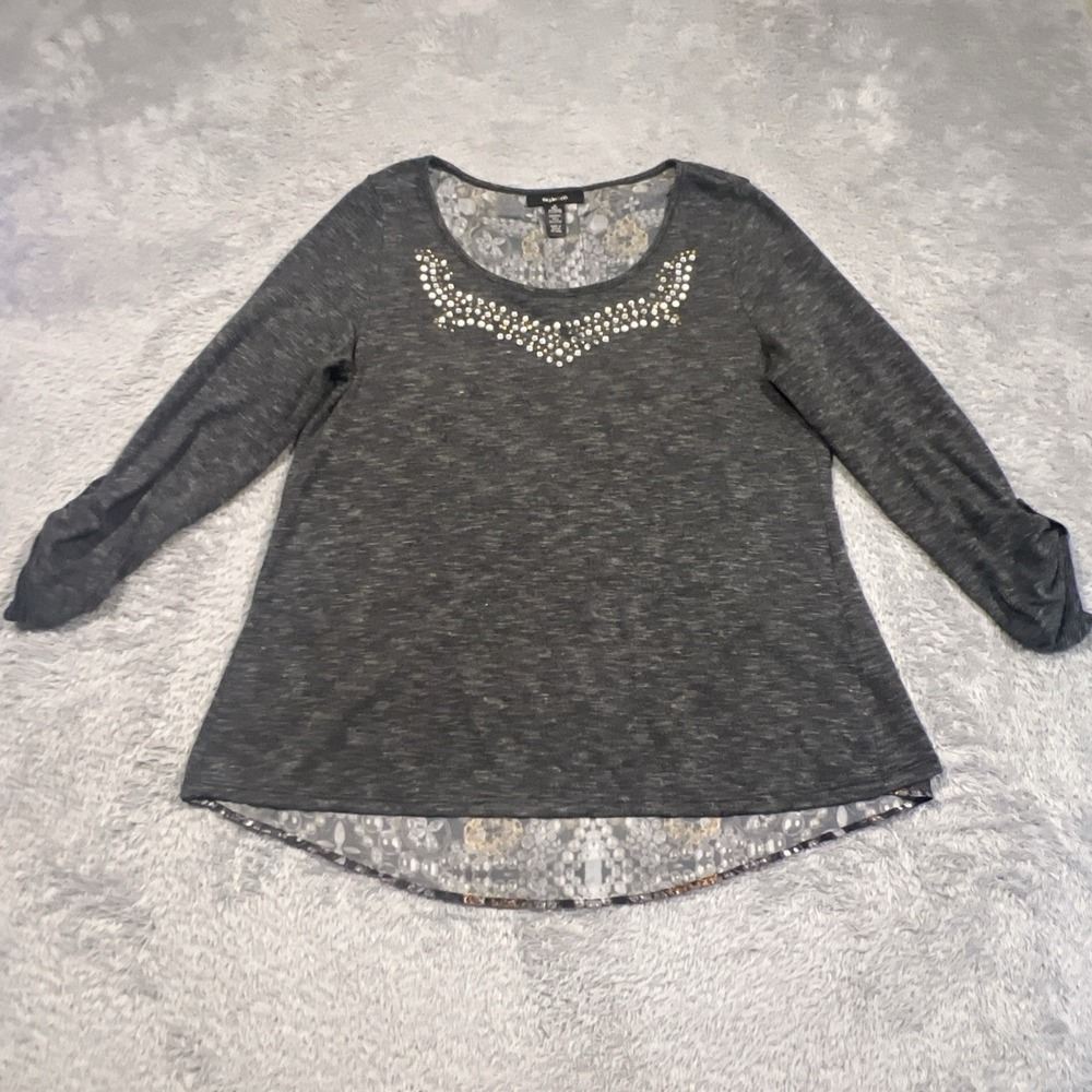 Style & Co Mixed Media Top Embellished Split Back Gray Layered Look Women M